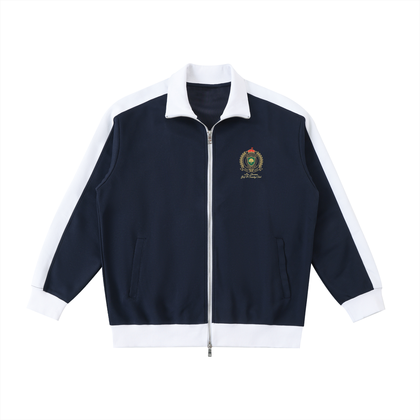 Country Club Crest Two Tone Zip Up Cardigan