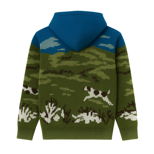 Knit "Dogs in the Field" Zip Uo Sweater