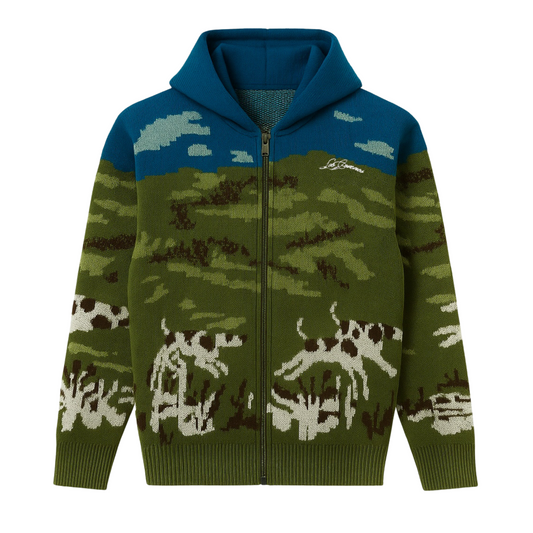 Knit "Dogs in the Field" Zip Uo Sweater